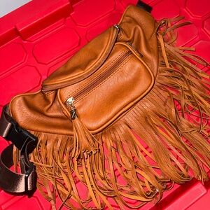 Fringed Tan Leather Waist Bag